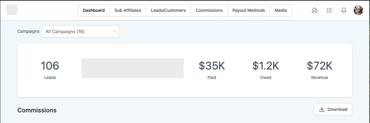 Affiliate income dashboard showing $72K revenue