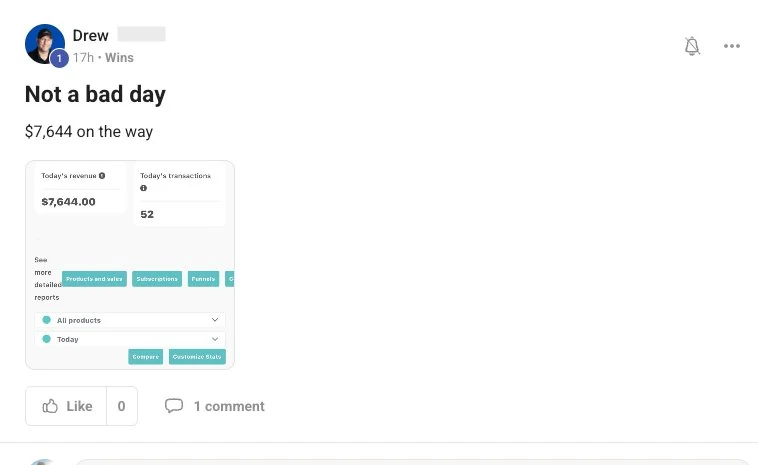 Member post: $7,644 in revenue from 52 transactions in a single day