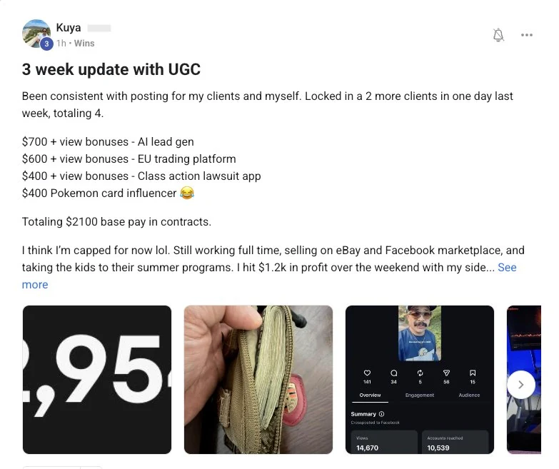 Member post: 3 week update — $2,100 in client contracts plus $1,200 weekend profit, all while working full-time and raising kids